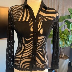 Elegant Black Zebra Print Sheer Button-Down Shirt